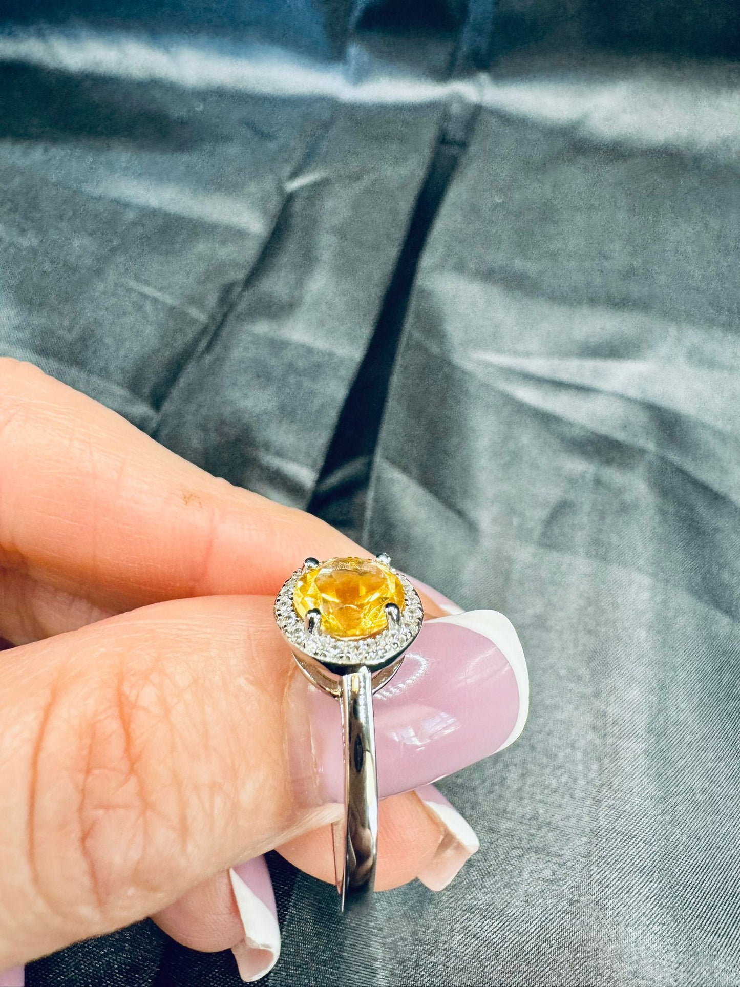 Natural Citrine, Round Cut and cubic Zircon, Pure 925 Sterling Silver and Rhodium Plated