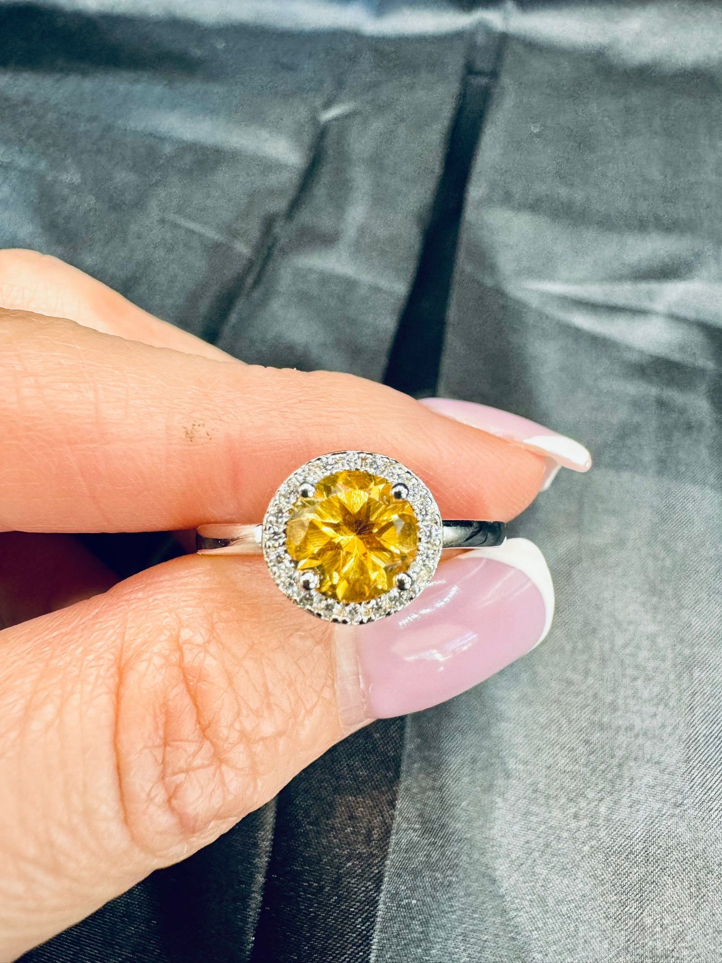 Natural Citrine, Round Cut and cubic Zircon, Pure 925 Sterling Silver and Rhodium Plated